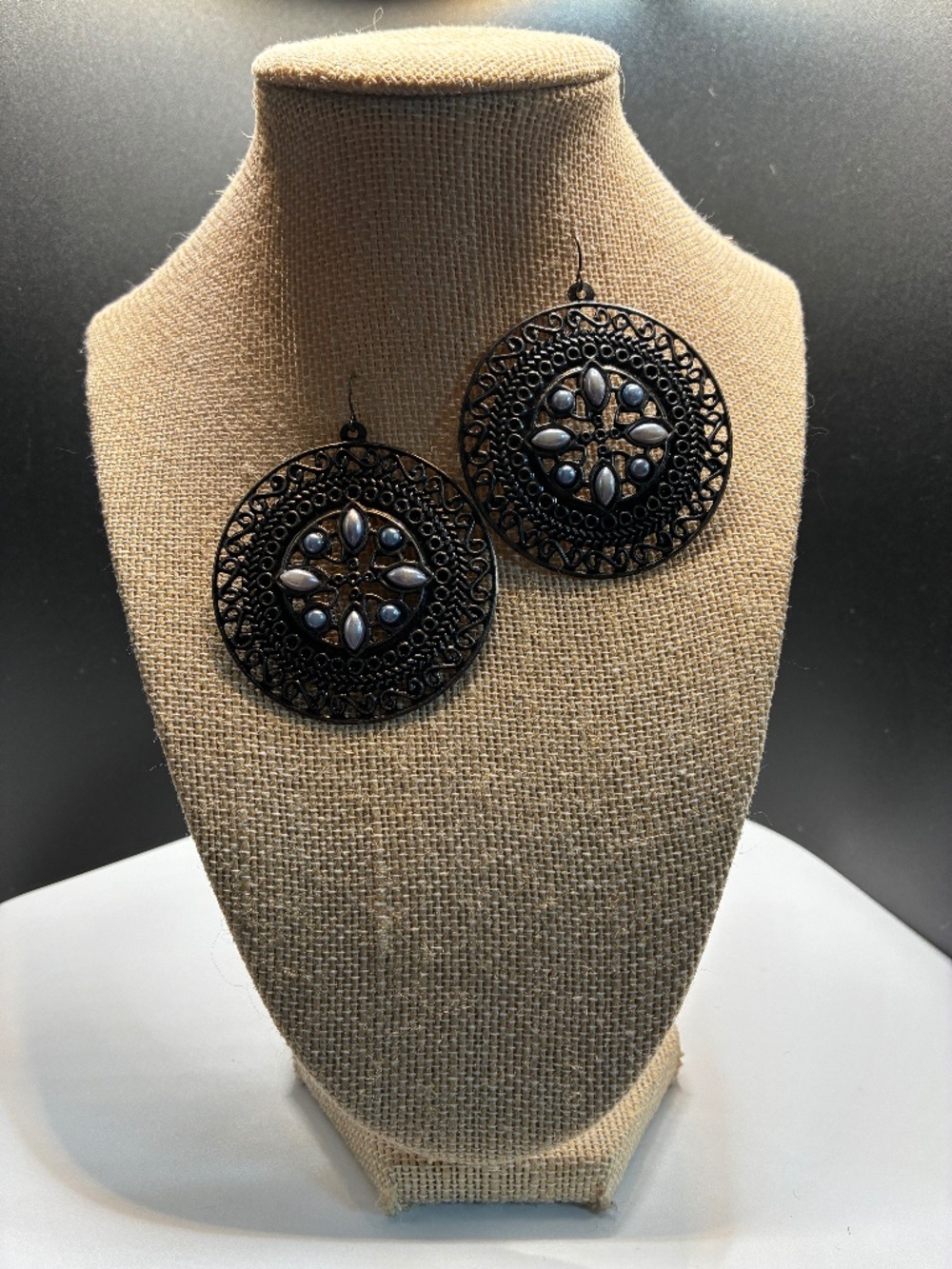 Large Bohemian Gunmetal Round earrings inlaid with Blue pearlized flat beads